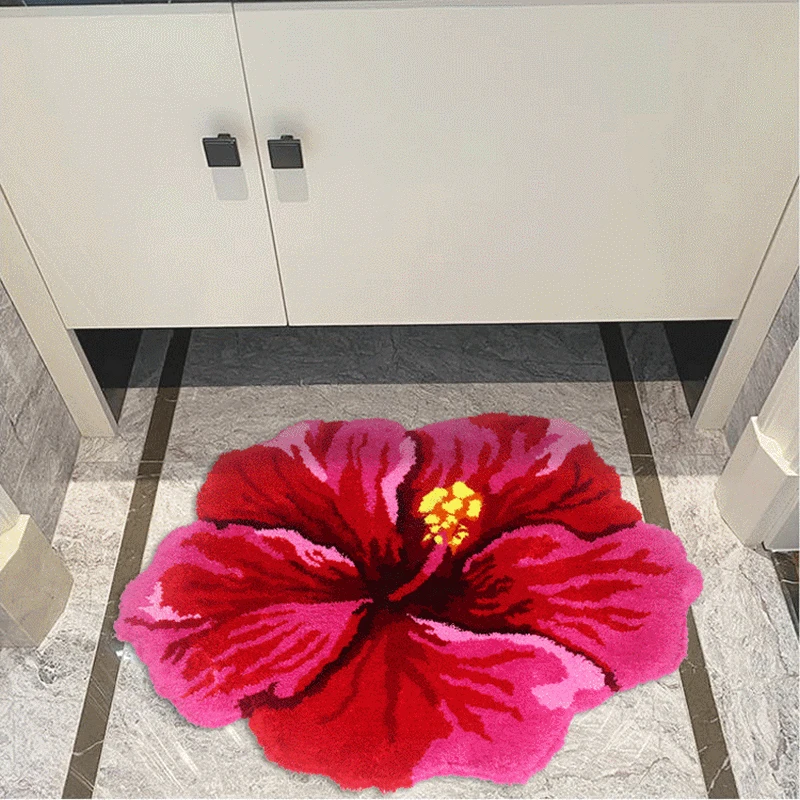 red hibiscus flower flocking rug bathroom bath mat non slip carpet 80x60cm bedroom living room flower shaggy floor pad doormat free global shipping