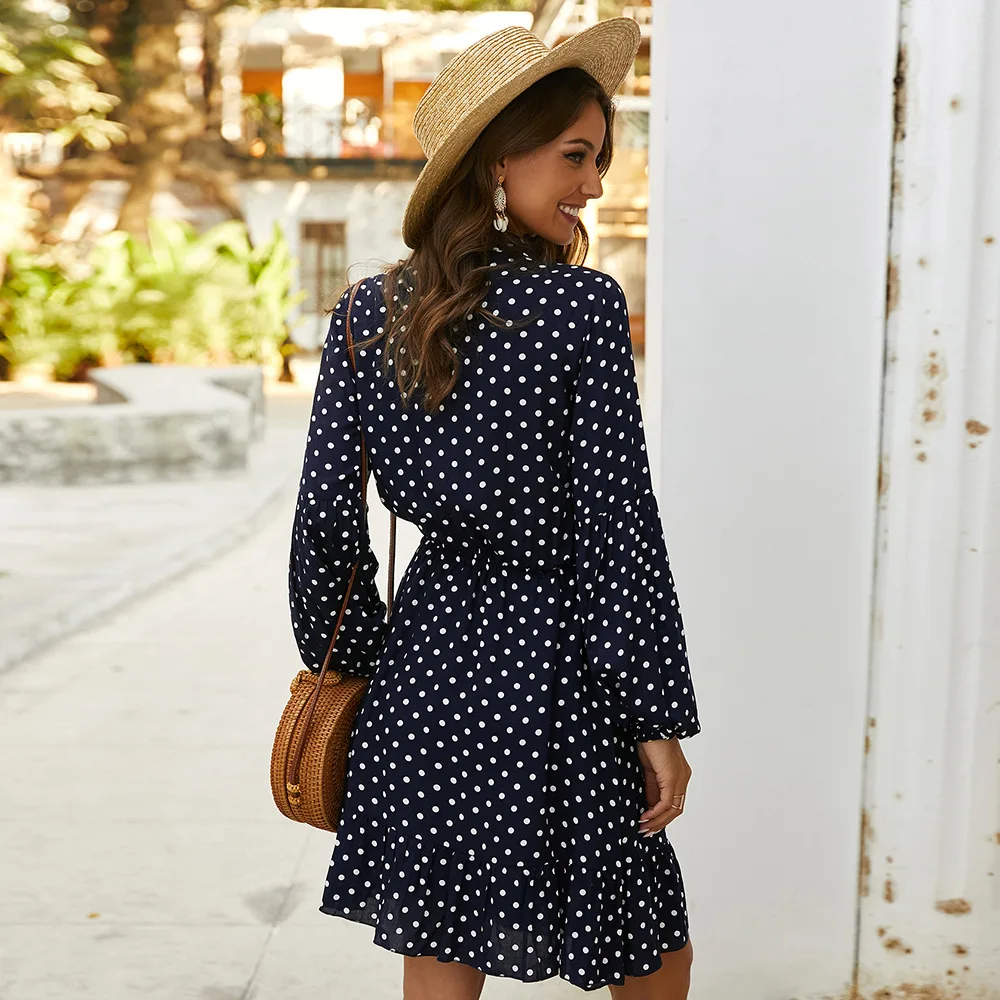 

Women Dresses Dot Print Boho Beach Dress Ruffle Full Sleeve A Line Wrap Sundress Robe 250
