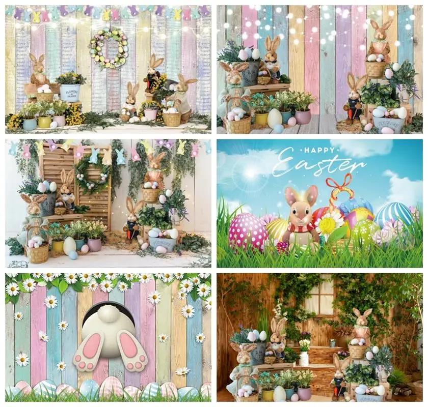

Laeacco Easter Photography Backgrounds Wooden Board Wall Green Grass Flowers Easter Eggs Children Portrait Photo Backdrops Props