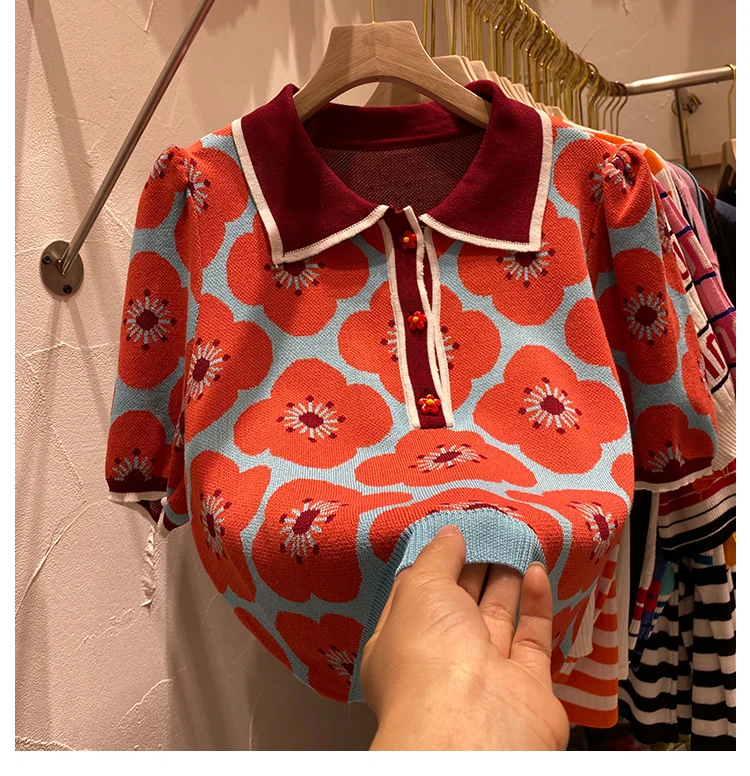 Свитер женский тонкий пуловер жаккардовый с цветочным узором и коротким рукавом