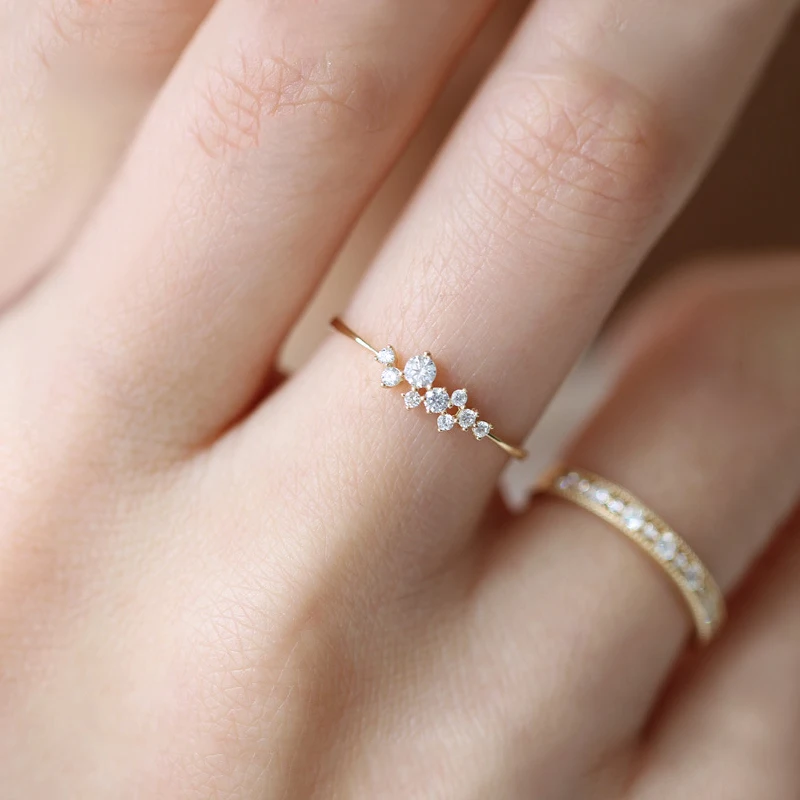 

Women Lovely Gold Vermeil Thin Ring Minimalist Jewelry Elegant sv925 CZ Stones Ring Cute Wedding Stackable Zirconia Cluster Ring
