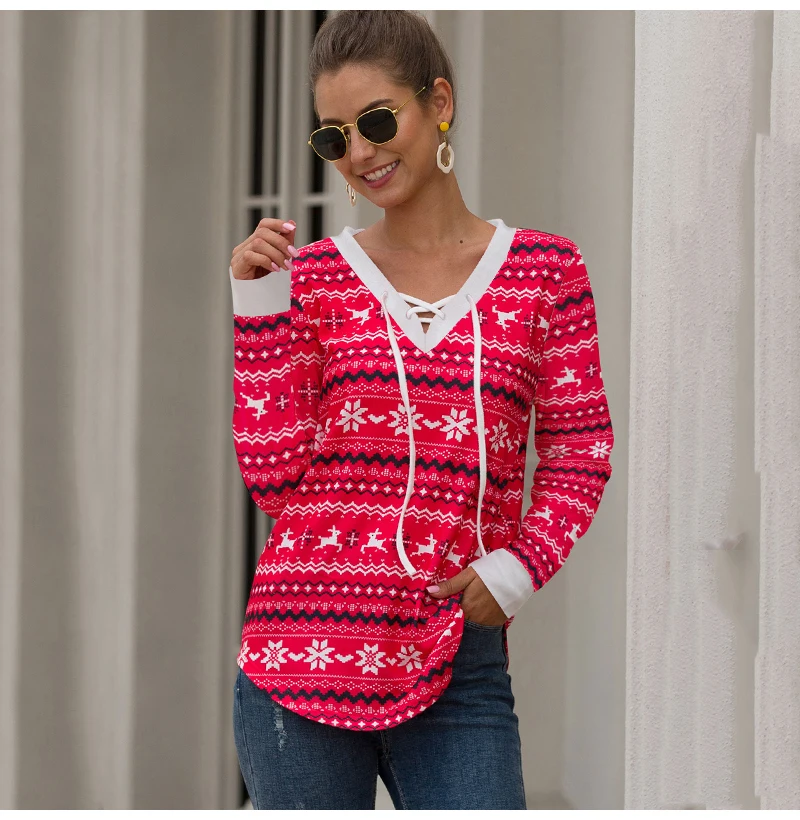 Футболки с рождественским принтом женские футболки длинным рукавом на шнуровке v