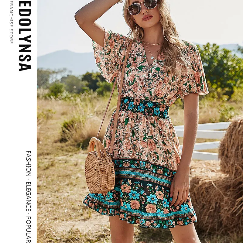 

2022 Boho Printed Mini Dress V-neck Short Flowery Dress Holiday Summer Women Dress Sweet Ladies Dress French Romantic Dress Y102