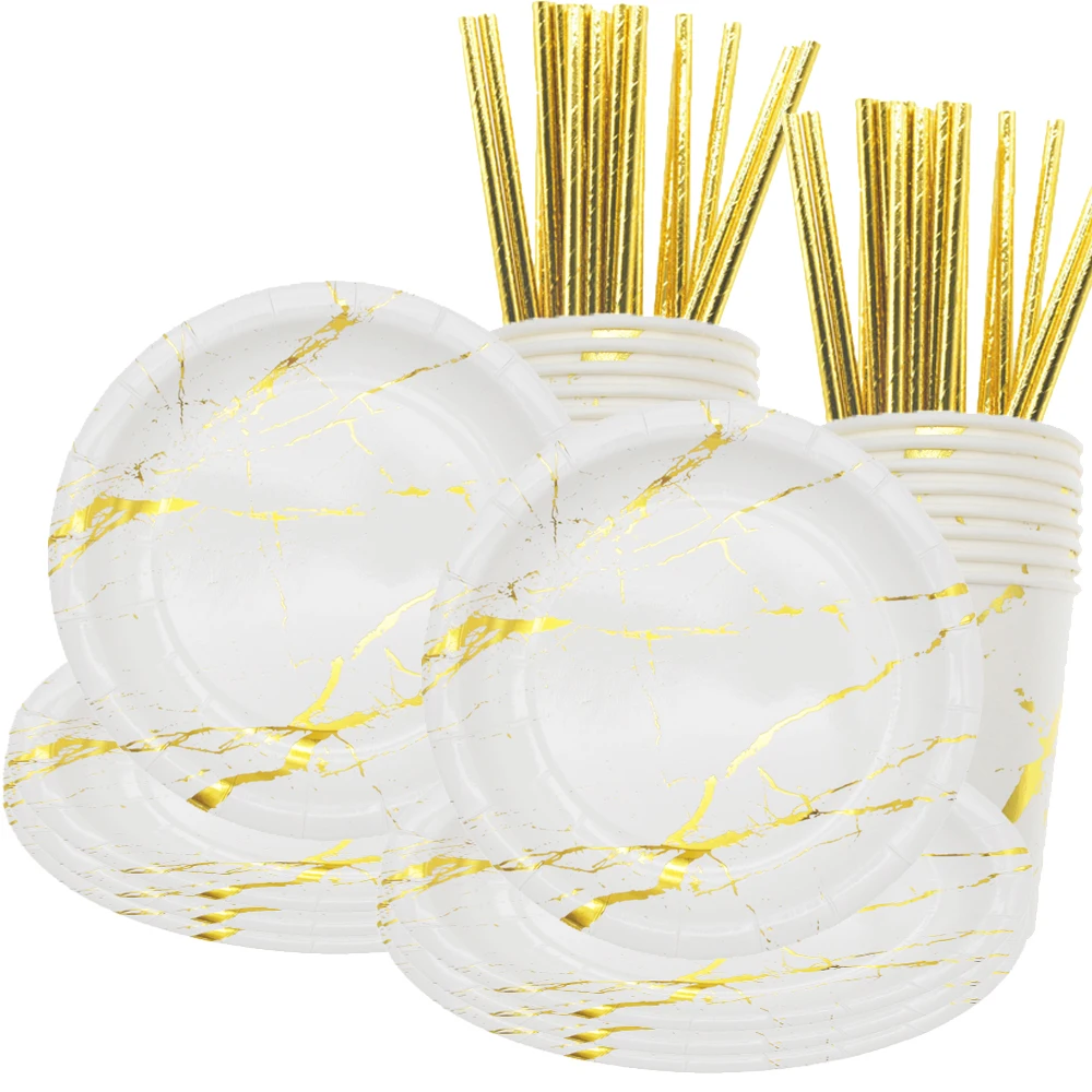 

Marble Gold Paper Plates Cups Napkins Globos Straws Disposable Tableware Birthday Party Supplies Home Decor wedding decorations