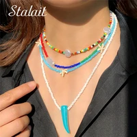 3 pcs off 10 bohemian colorful seed beads necklace long horn pendant starfish multi layer pearl necklace set for women jewelry