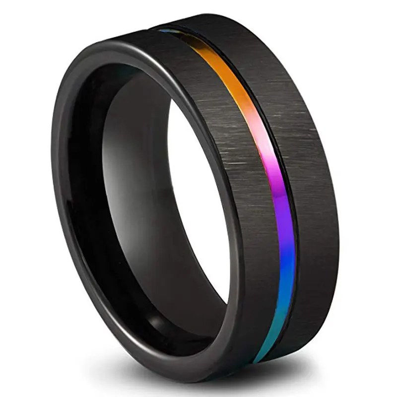 

Fashion 8mm Rainbow Colorful Stainless Steel Ring Black Brushed Fashion Men's Wedding Band Jewelry Size 6-13