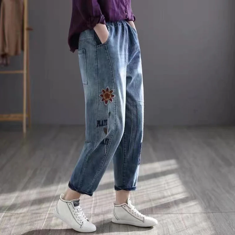 

CHICEVER Casual Print Jean For Women Elastic High Waist Embroidery Ankle Length Loose Pants Female Fashion Spring Clothing Tide