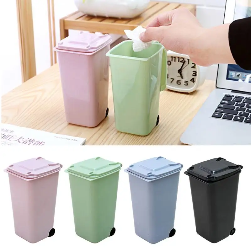 

Multi Color Mini Waste Bins Plastic Paper Dustbin Wheelie Trash Can Creative Household Desk Pen Organizer Kitchen Storage Bucket