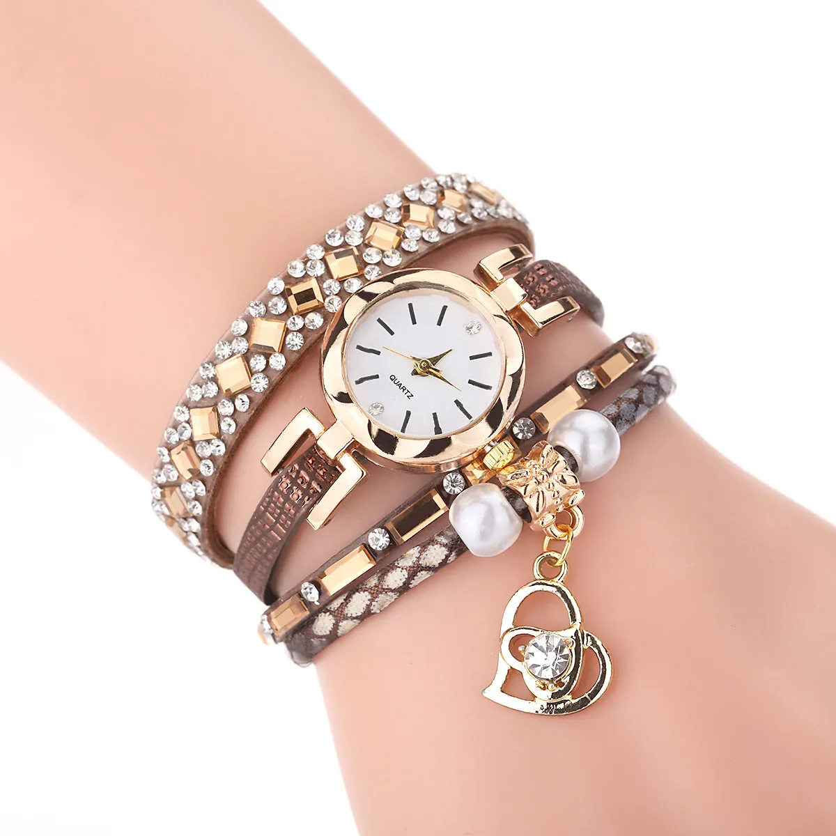 Женские часы-браслет винтажные блестящие Кварцевые часы с жемчужинами и круглым