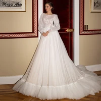 magic awn vintage princess wedding dresses 2021 full puff sleeves lace appliques spot tulle illusion bridal gowns elegant robes