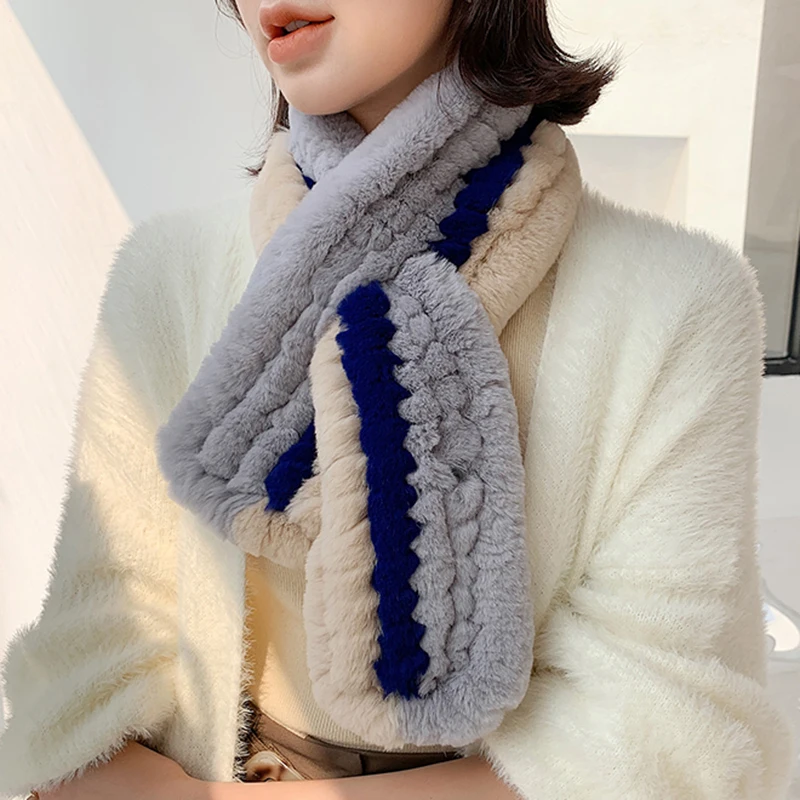 Шарф женский настоящий мех кролика длинный вязаный из натурального меха S7710 |