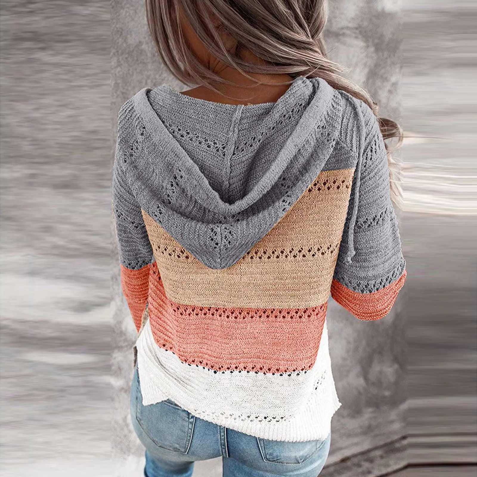 

Fashion Women Striped Color Block Long Sleeve Knitted Cardigan Hooded Sweater Coat