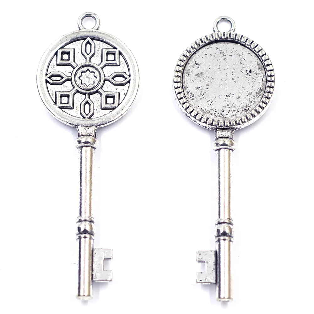 

2Pcs Pendants Cabochon Setting Key Flower Pattern Round Antique Silver Tone For Charms Necklaces 70x25mm Fit 20mm Cameo