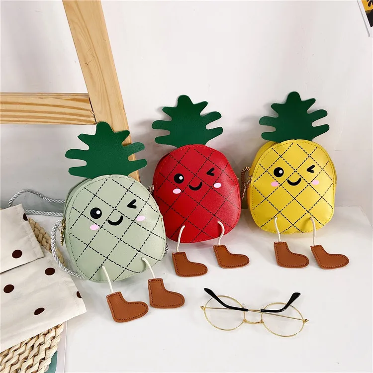 

Cute pineapple children girls small bag Cartoon PU Leather messenger bag Kids Purse Small Shoulder Bag