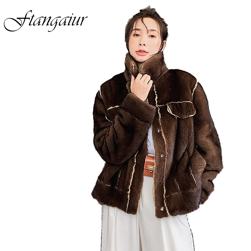 

Ftangaiur Winter Import Velvet Mink Fur Overcoats For Femal Wholeskin Soft Slim Natural Mink Coat Women's Short Real Fur Coats
