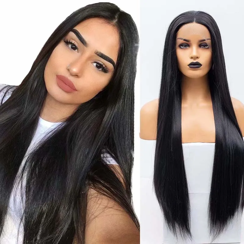 

AIMEYA 13x6 Middle Part Long Black Synthetic Lace Front Wig Silky Straight for Women Half Hand Tied Lace Wigs Daily Use Cosplay