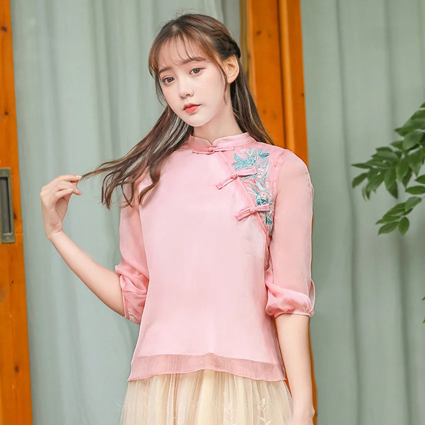 2021 женский кружевной шифоновый топ с вышивкой Винтажная летняя блузка Hanfu