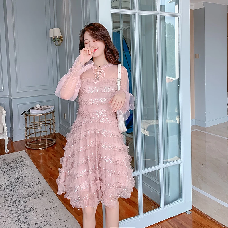 Новинка 2019 Осеннее милое женское платье Сетчатое нежное с блестками феи розовый