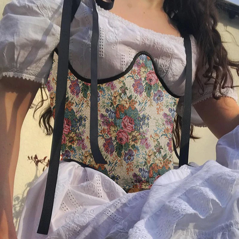 

Waatfaak Retro 90S Vintage Cropped Corset Top Women Floral Printed Cute Y2K Top Bandage Streetwear Patchwork Crop Top Summer