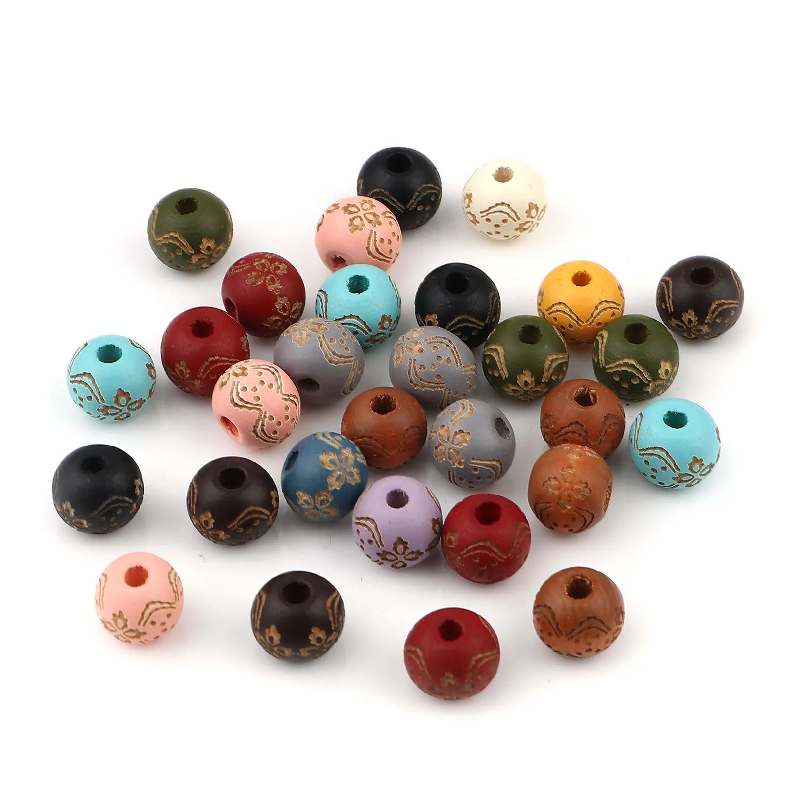 

20 PCs Vintage Natural Wood Spacer Beads Round Flower Pattern Bead Necklace Bracelet Charm Loose Wood Beads DIY Gifts About 10mm