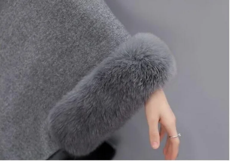 Женское зимнее пальто дамский плащ с большим меховым воротником размера плюс