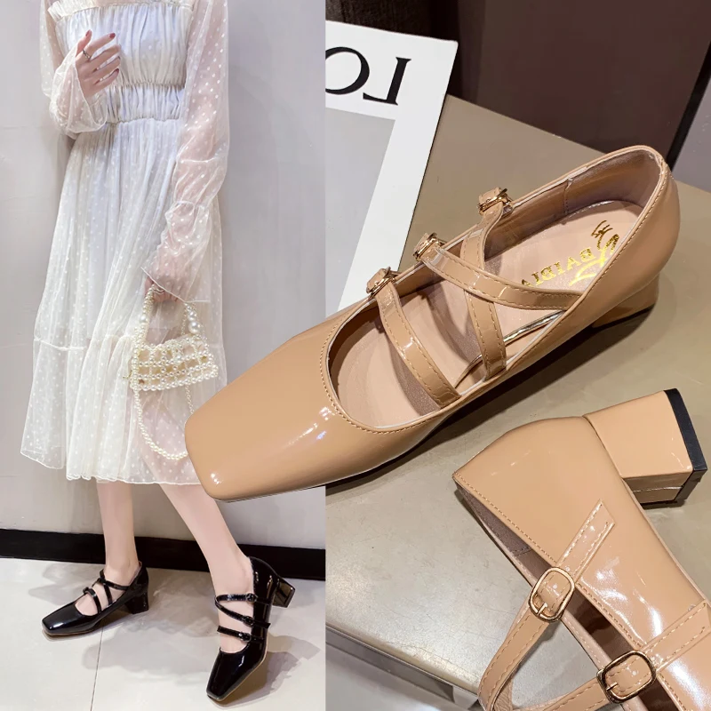 

Slimming Shoes Branded Pumps Sandals Ladies Square Heel 2021 Mary Jane All-Match Fashion African Block Casual Retro Straps Lates