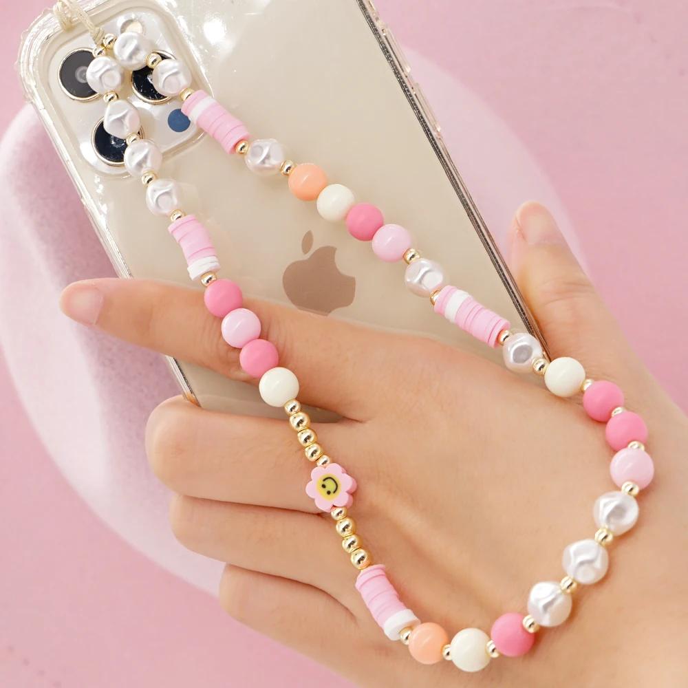 

Блестящая розовая цепочка с бусинами, цепочка для сотового телефона, жемчужные ювелирные изделия для телефона Heishi Smiley, очаровательный реме...