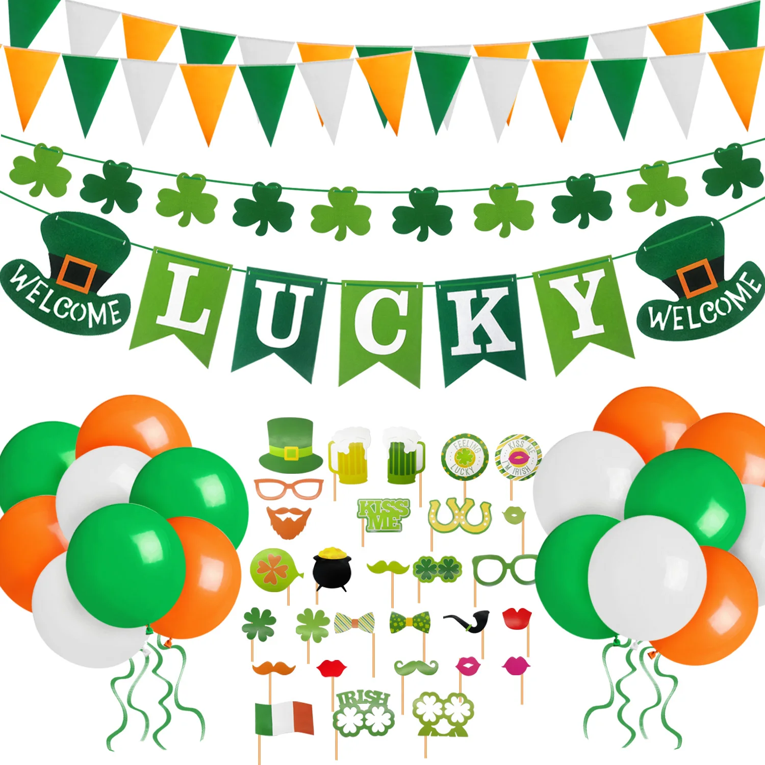 Decoraciones del día de St Patricks, Cartel de la suerte de bienvenida, guirnalda de Shamrock, banderín irlandés, banderín, accesorios para fotomatón de 7m, 29 piezas, globos para