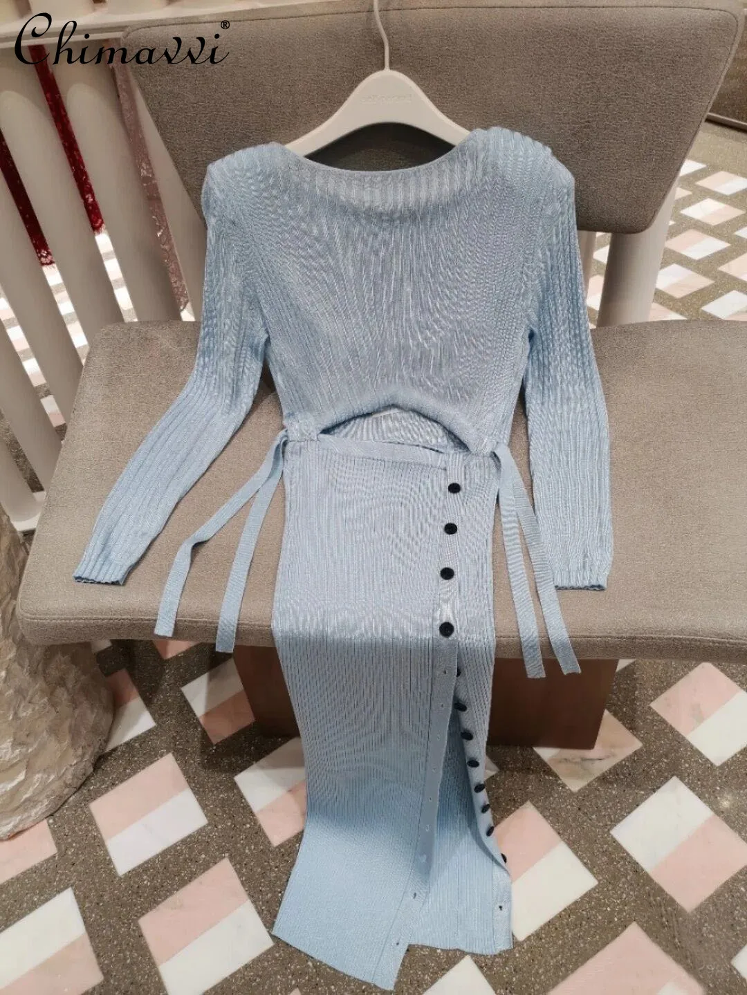 

2021 Spring Autumn Women's Clothing New Waist Hollow Out Tied Tencel Knitted Dress Women Sexy Slit Temperament Long Dress