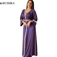 bushra satin maxi dress women turkey arabic diamond v neck long front open abaya sleeve jalabiya muslim islamic ethnic clothing