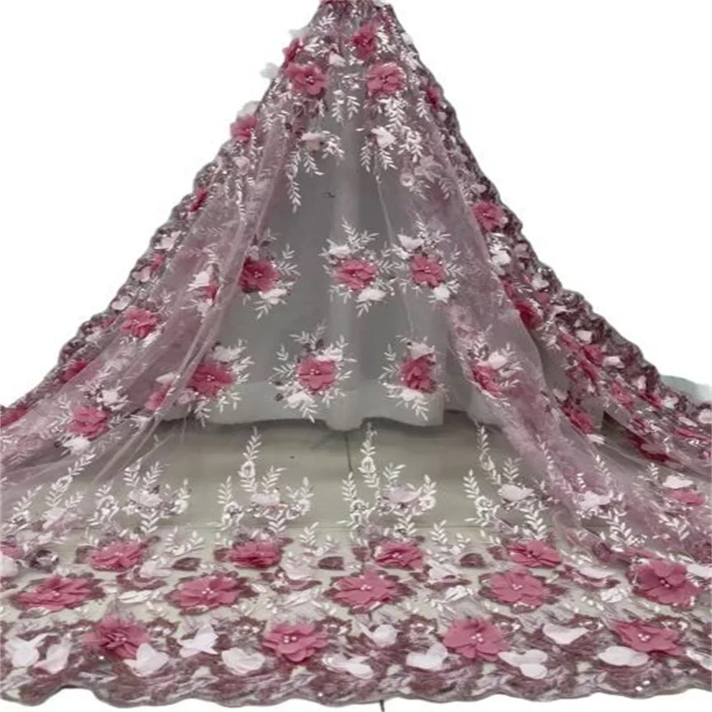 

3D Flower Sequins Lace Fabric 5 Yards African Nigerian Tulle Lace Beads Fabric High Quality 2021 Pink For Sew Diy Dress Wedding