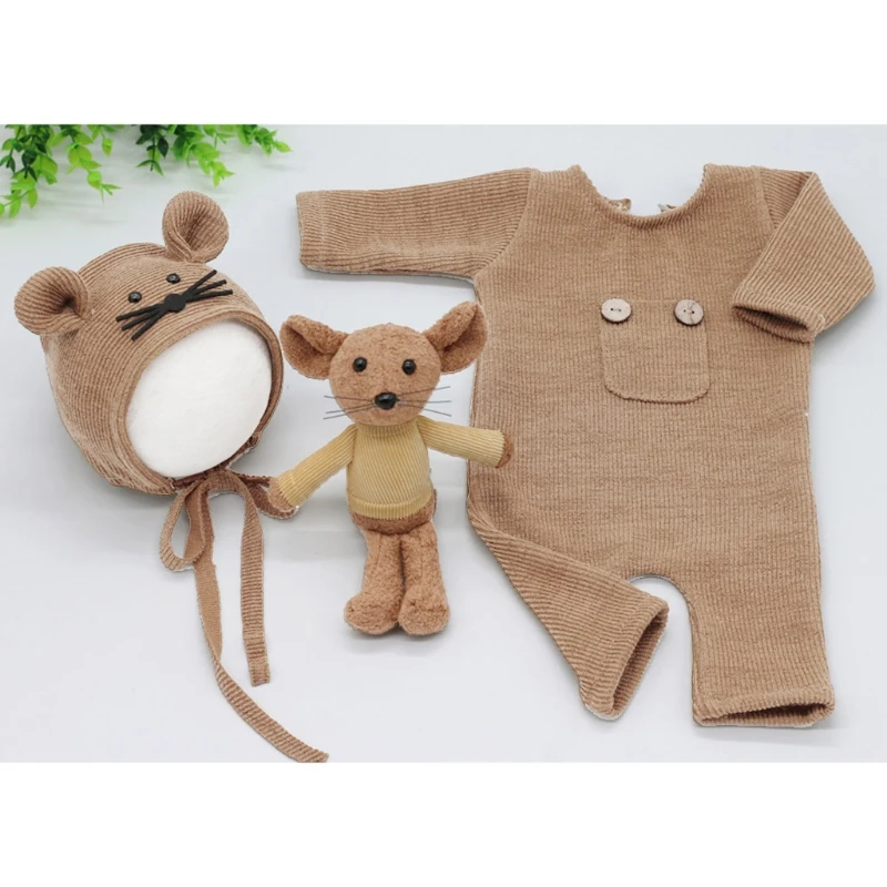 

3 Pcs/set Newborn Photography Props Suit Knitted Cotton Jumpsuit Hat Mouse Doll Infant Photo Shooting Clothes