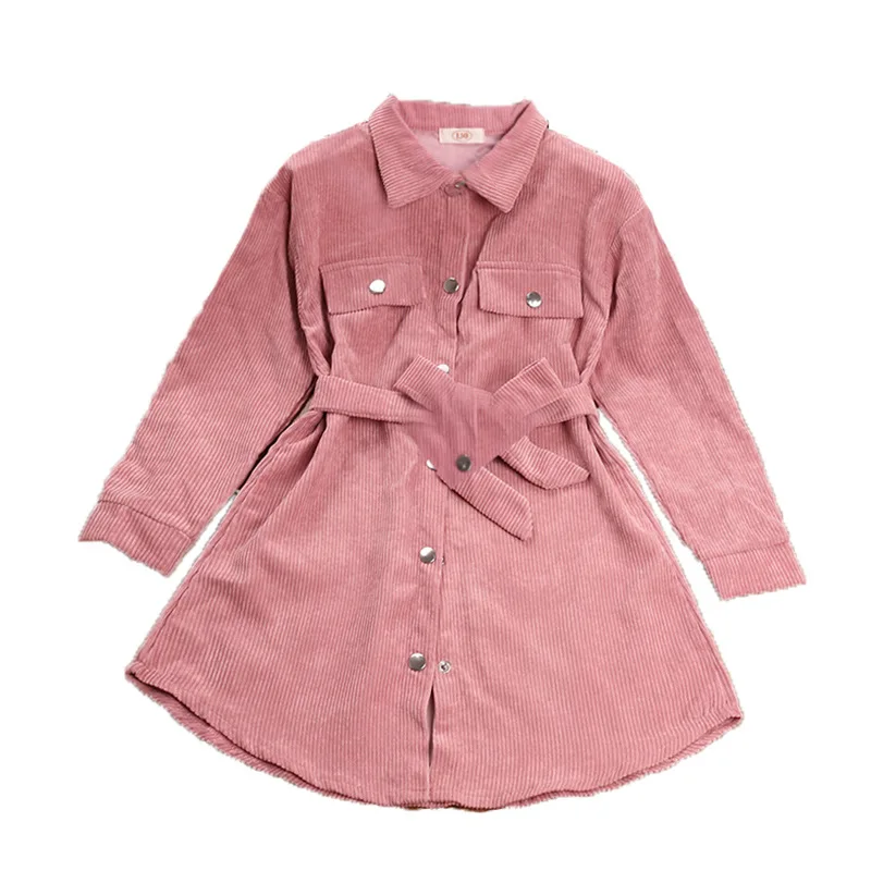 

Spring Pink Girls Corduroy Vintage Shirt Dress Children Jacket Coat With Belt Kids Girls Long Outwear Teen Formar Casual Dress