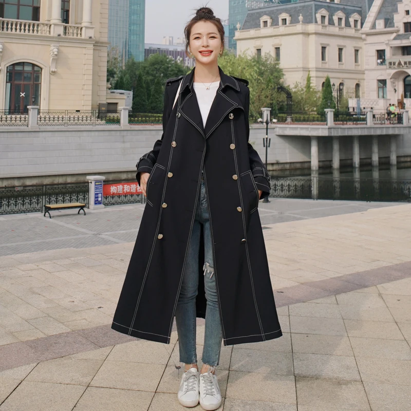 

Fashion New England Style Slim Long Women Trench Coat Black Double-Breasted Office Lady Duster Coat Female Outerwear Clothes