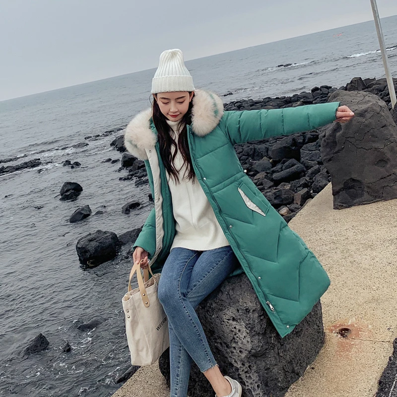 Ins Winter New Women's Hooded Down Parka Long Jacket Casual Big Fur Zipper Full Sleeve Korean Style Thick Coat C90802K