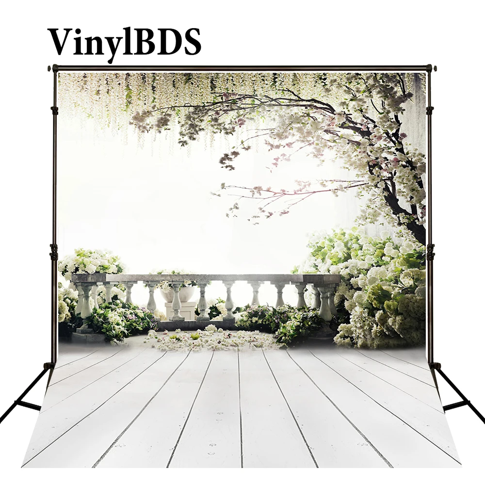 

VinylBDS 10x10ft Flower Tree Balcony Indoor Wedding Backdrop Romantic White Wooden Floor Background for Photocall Wedding