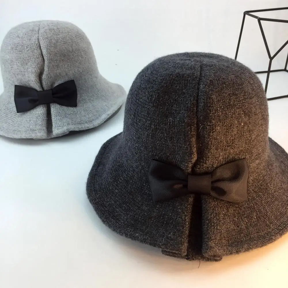 

Female top hat winter and autumn knit collapsible wool blend retro keep warm bowknot women bucket hat caps new fashion