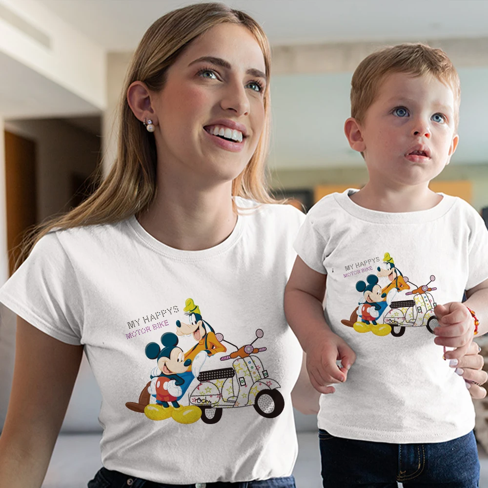 

My Happys Motor Bike Funny Mickey and Goofy Graphic T-shirt Disney Family Matching Mom abd Daughter Son Clothes Women's T Shirt