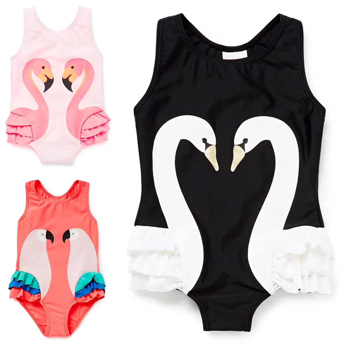 

Girls Swimsuit Cartoon Kids Swimwear with Swimming Cap Parrot Swan Flamingo 2022 Baby Girl Bathing Suit One Piece Swim Wear