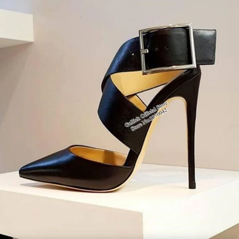 

Sexy Matte Leather Metal Buckle Strap High Heel Shoes Black And White Pointy Toe Cut-out Stiletto Heels Pump Big Size Party Shoe