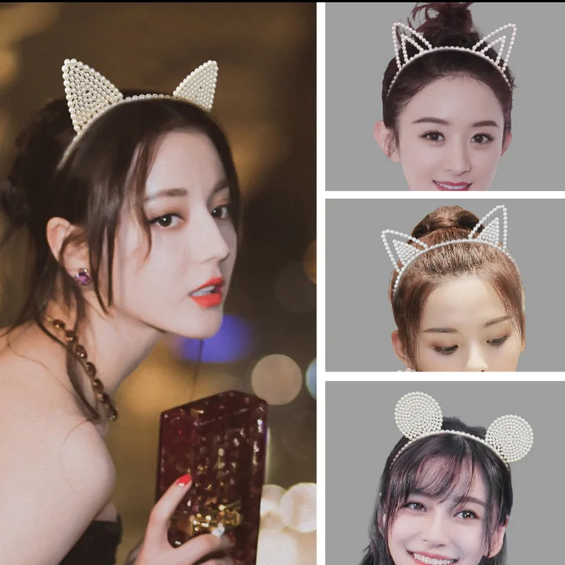 Акция! Повязка на голову с кошачьими ушками симпатичная белая Жемчужная