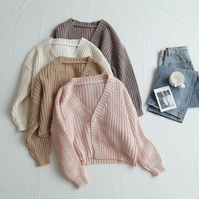 

Fannic 2020 Autumn casual solid color one button loose V-neck knitted cardigan sweater women