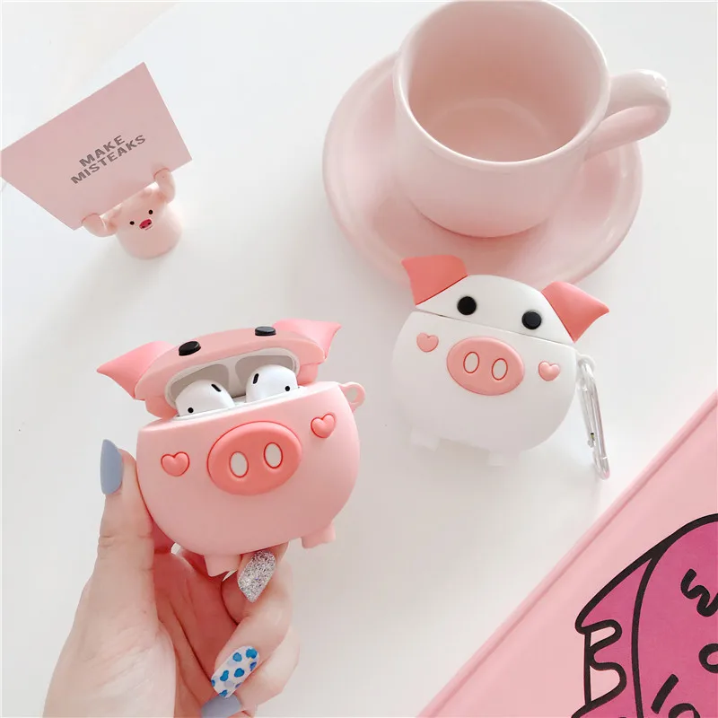 Милый мягкий силиконовый чехол для Airpods 2 с 3D рисунком розовой свиньи женщин и