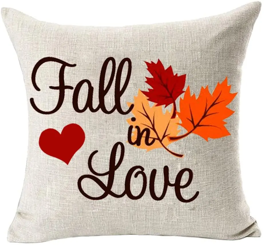 

Home Decor Fall in Love Cotton Linen Pillow Covers 18x18, Autumn Decor Maple Leaves Throw Pillow Case Cushion Cover for Sofa