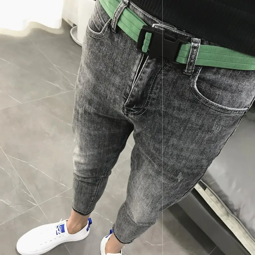 

Send belt gray embroidery micro-span feet slim ankle length jeans men's trendy spring and summer new Korean tooling casual green