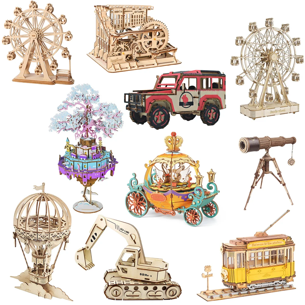 

Multi Pieces 3D Puzzle Hot Air Balloon Ferris Wheel Car Shape Handmade DIY Wooden Assembling Ornaments Kids Adult Toys Gift