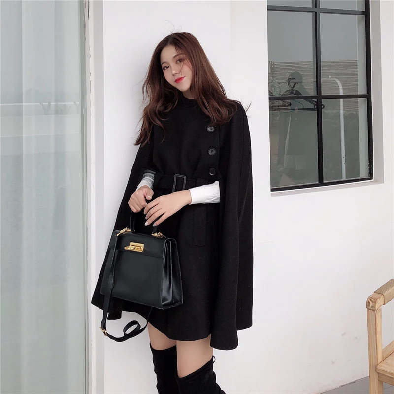 2023 Autumn High Quality Woolen Cloth Shawl Cape Poncho With Belt Women Mid-length Korean Sleeveless Casual Ladies Cape Coats images - 6