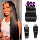 Лидер моды 34 + 1 человеческие волосы, пучки с застежкой, натуральные прямые человеческие волосы, бразильские волосы, волнистые прямые волосы, пучки