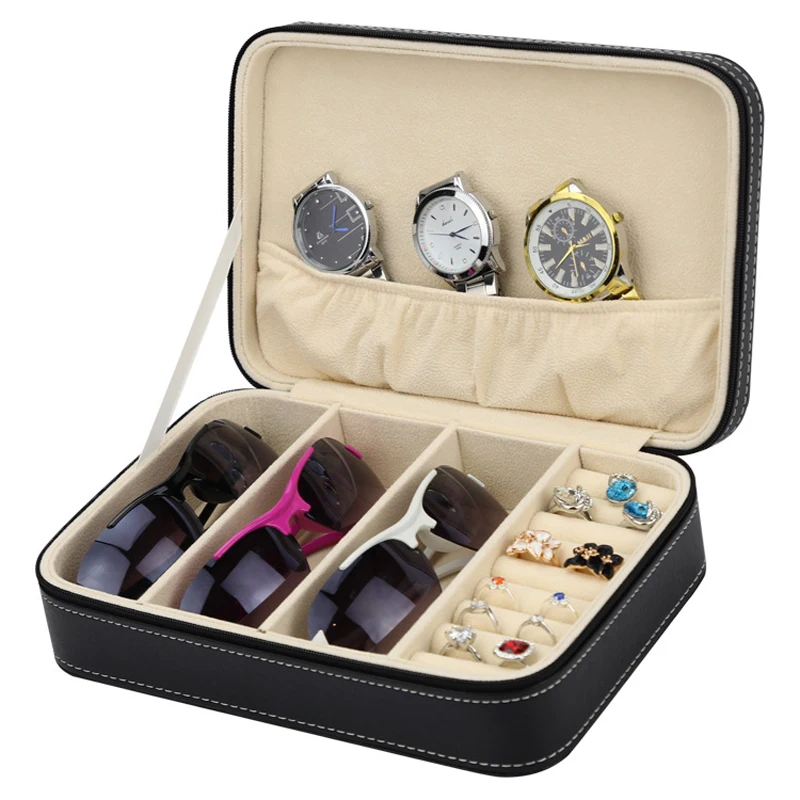 Portable Travel PU Zipper Sunglasses Box Ring Earring Box Organizer Small Jewelry Case Casket Container Watch Box Organizer