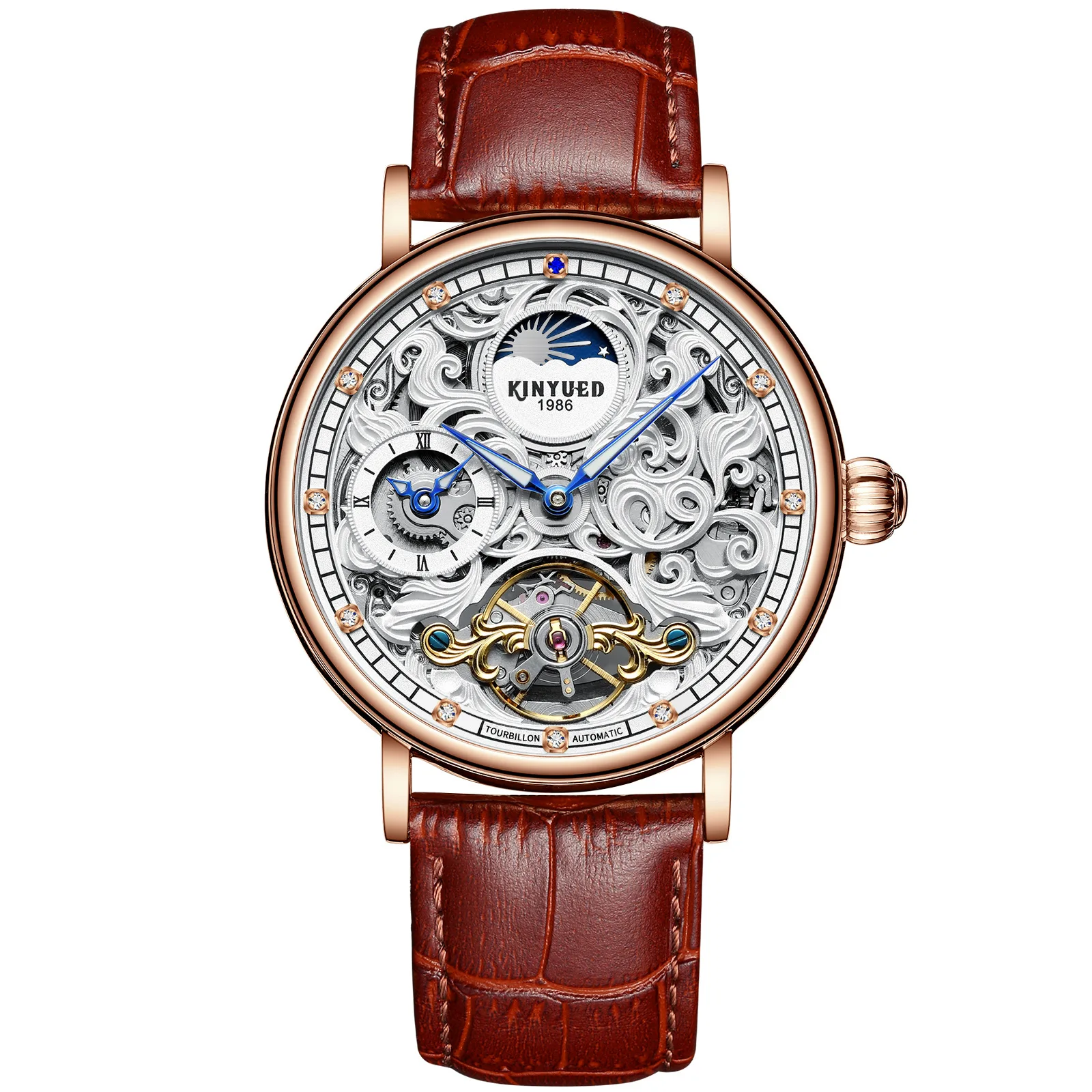 

KINYUED Luxury Tourbillon Male Automatic Sport Watch Men Skeleton Mechanical Wrist Watches Genuine Leather Dual Time Man Clock